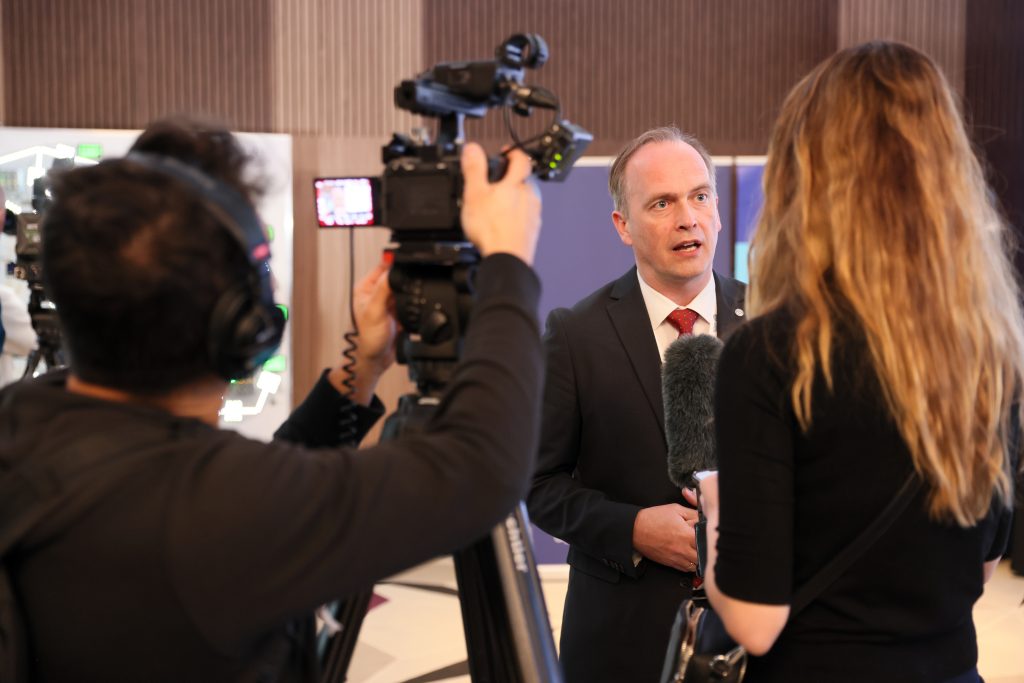 Director Mart Noorma talking to the press at Locked Shields 2023